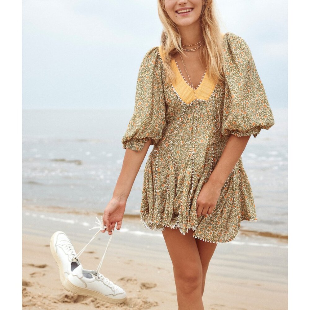 Free People Floral Mini Dress in Olive Green and Mustard - Picture 7 of 10